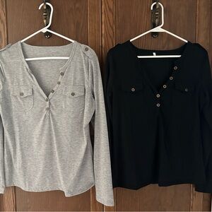 Women's Button-Detail Long Sleeve Tops - Gray and Black
